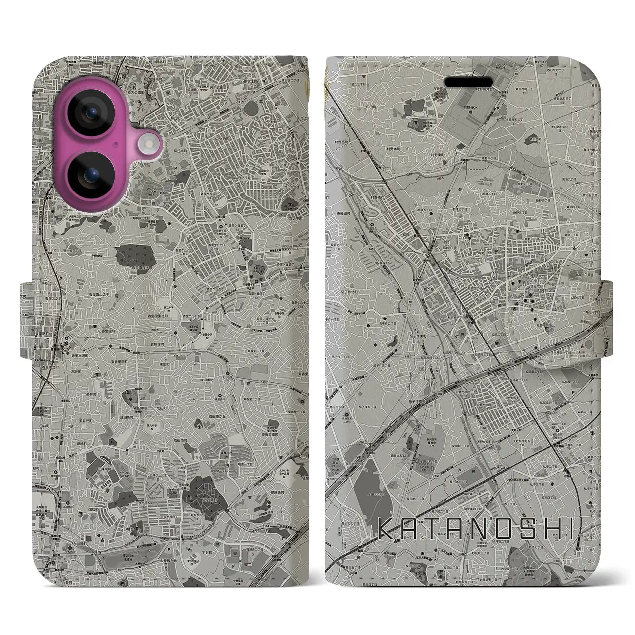 【交野市(大阪府)】地図柄iPhoneケース(手帳タイプ)モノトーン・iPhone 16 Pro 用