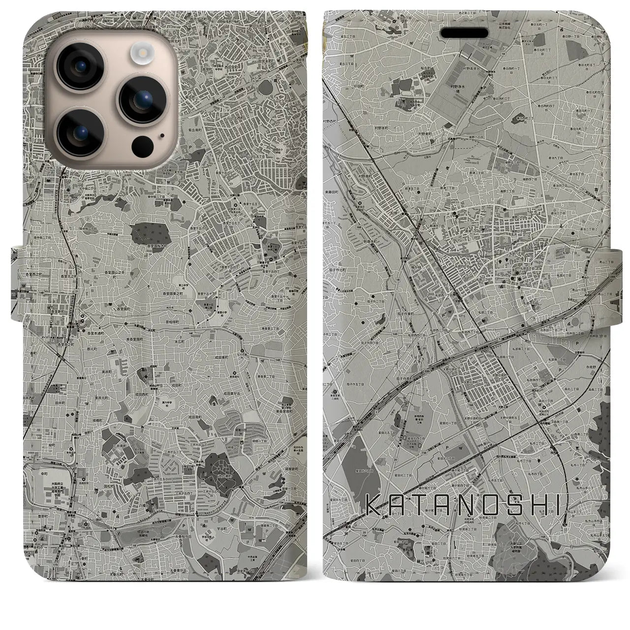 【交野市(大阪府)】地図柄iPhoneケース(手帳タイプ)モノトーン・iPhone 16 Plus 用