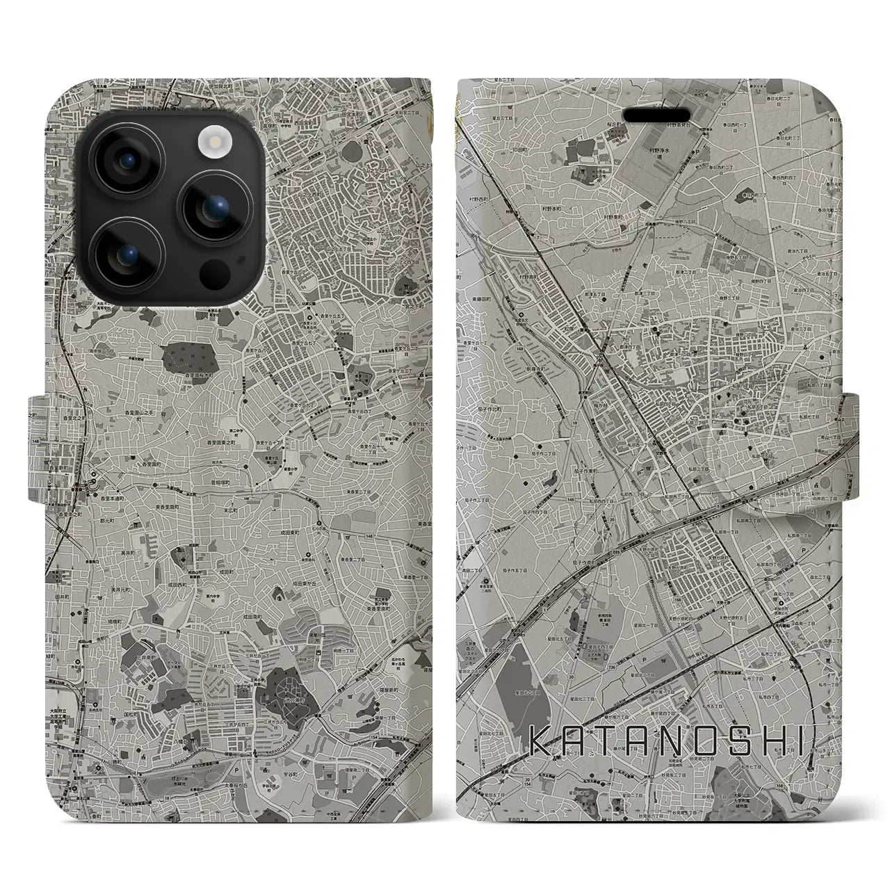 【交野市(大阪府)】地図柄iPhoneケース(手帳タイプ)モノトーン・iPhone 16 用