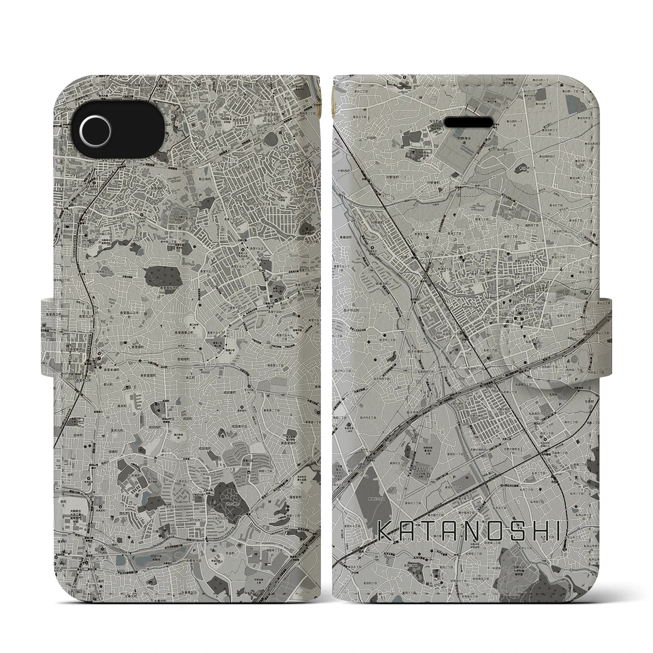 【交野市(大阪府)】地図柄iPhoneケース(手帳タイプ)モノトーン・iPhone SE(第3 / 第2世代) / 8 / 7 / 6s / 6 用