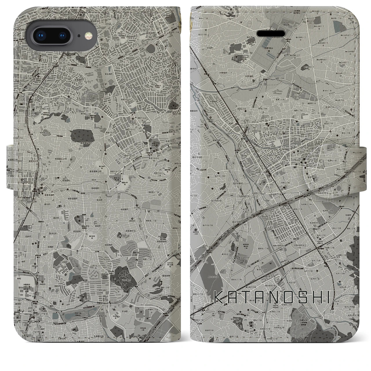 【交野市(大阪府)】地図柄iPhoneケース(手帳タイプ)モノトーン・iPhone 8Plus /7Plus / 6sPlus / 6Plus 用