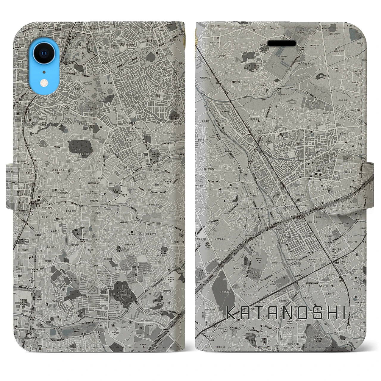 【交野市(大阪府)】地図柄iPhoneケース(手帳タイプ)モノトーン・iPhone XR 用