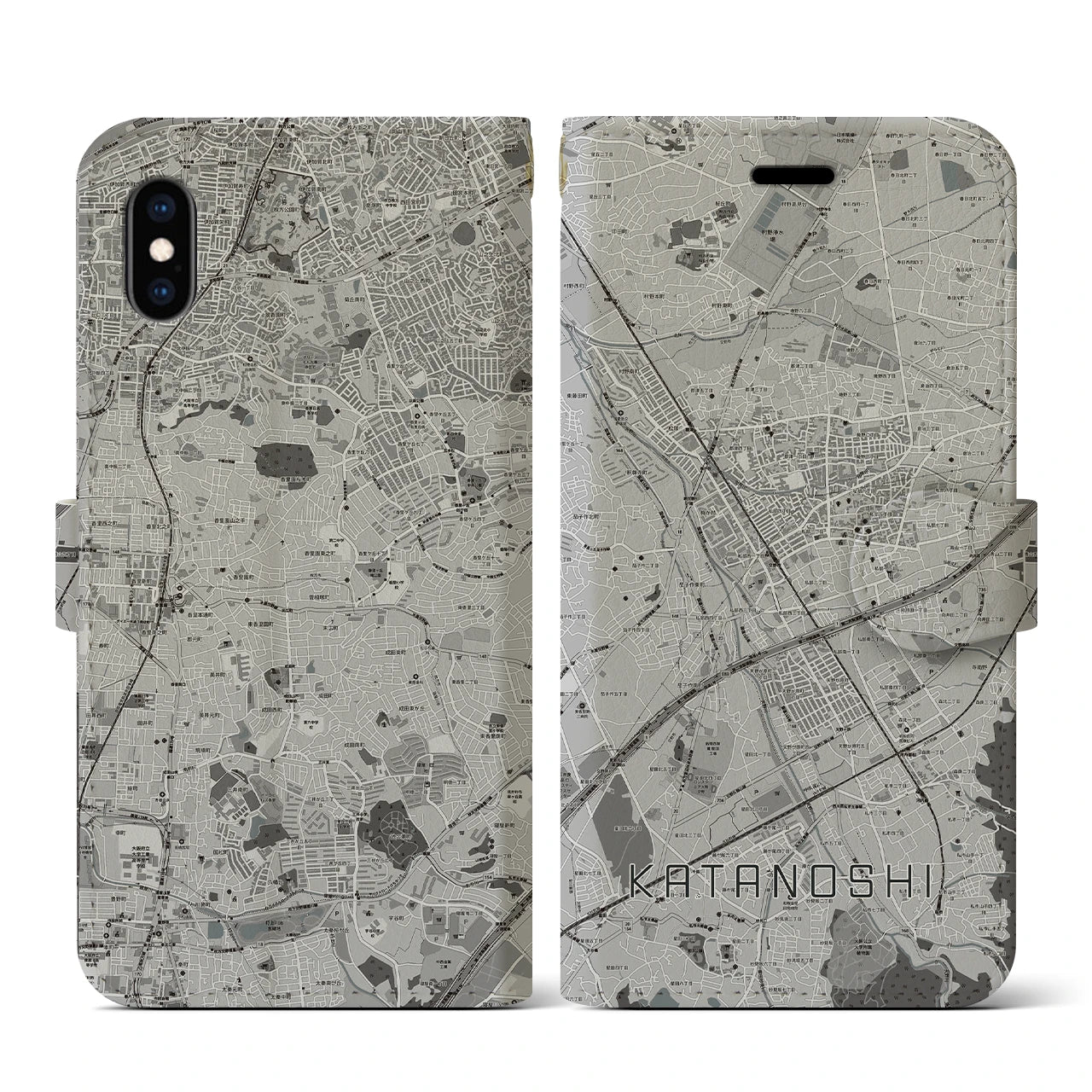 【交野市(大阪府)】地図柄iPhoneケース(手帳タイプ)モノトーン・iPhone XS / X 用