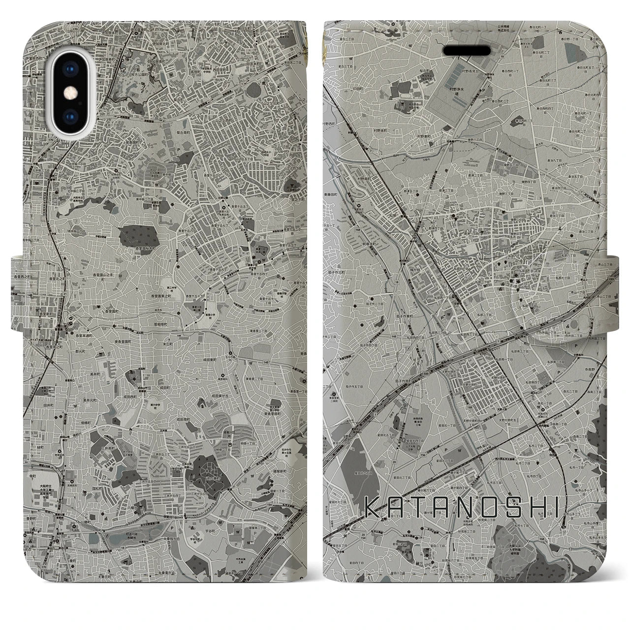 【交野市(大阪府)】地図柄iPhoneケース(手帳タイプ)モノトーン・iPhone XS Max 用