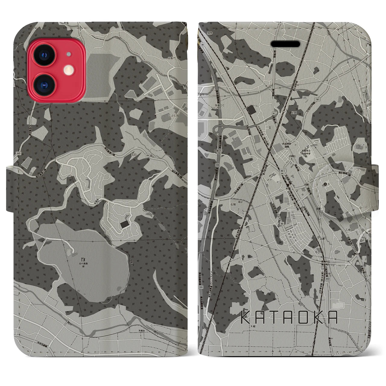 【片岡(栃木県)】地図柄iPhoneケース(手帳タイプ)モノトーン・iPhone 11 用