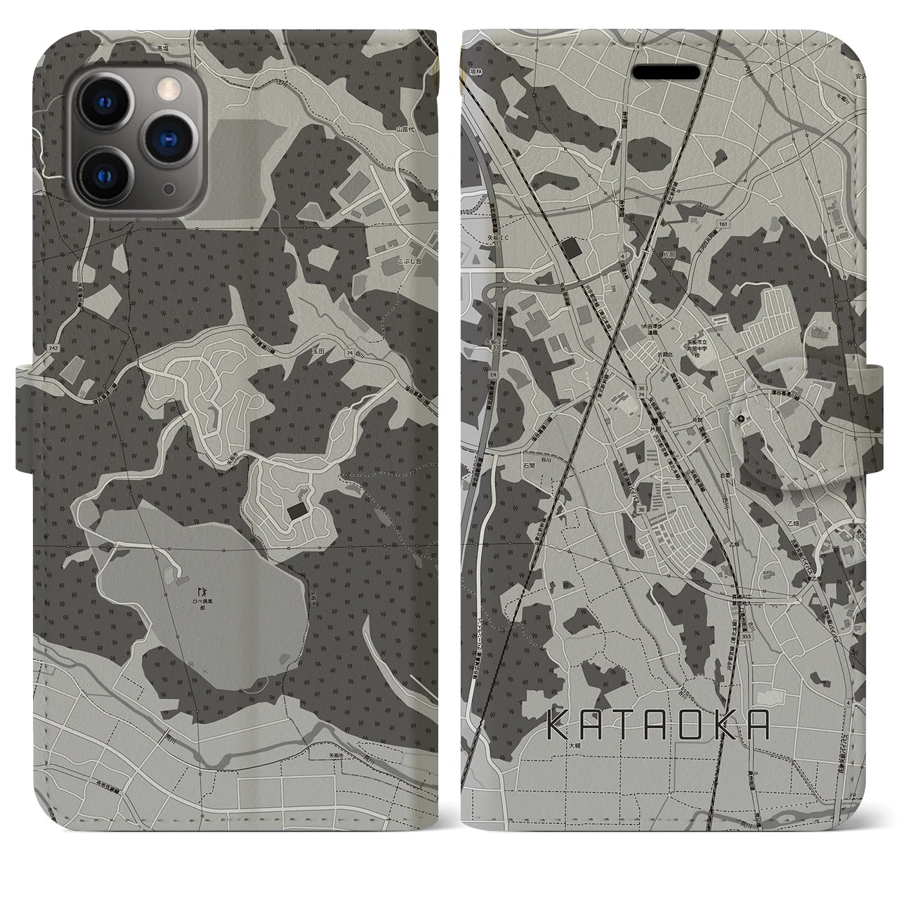 【片岡(栃木県)】地図柄iPhoneケース(手帳タイプ)モノトーン・iPhone 11 Pro Max 用