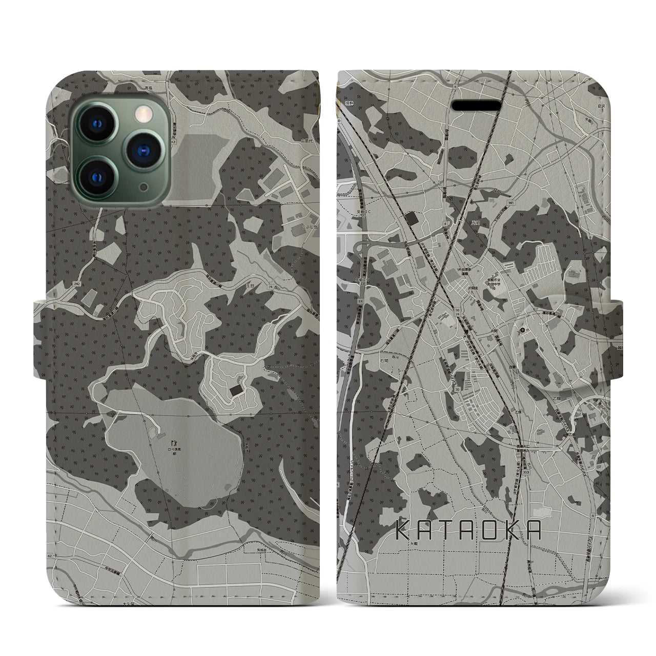 【片岡(栃木県)】地図柄iPhoneケース(手帳タイプ)モノトーン・iPhone 11 Pro 用
