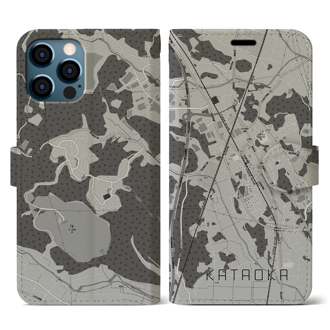 【片岡(栃木県)】地図柄iPhoneケース(手帳タイプ)モノトーン・iPhone 12 / 12 Pro 用