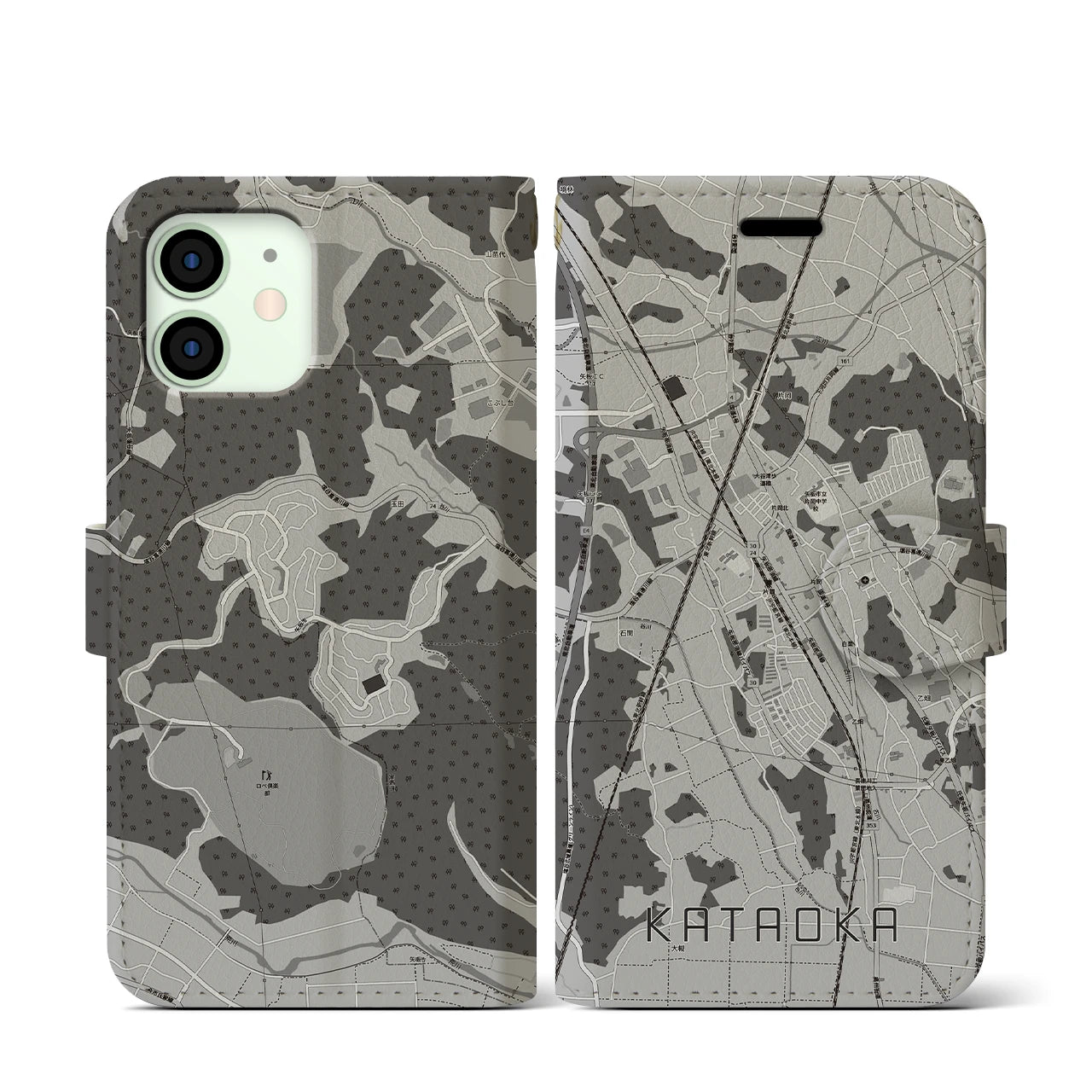 【片岡(栃木県)】地図柄iPhoneケース(手帳タイプ)モノトーン・iPhone 12 mini 用