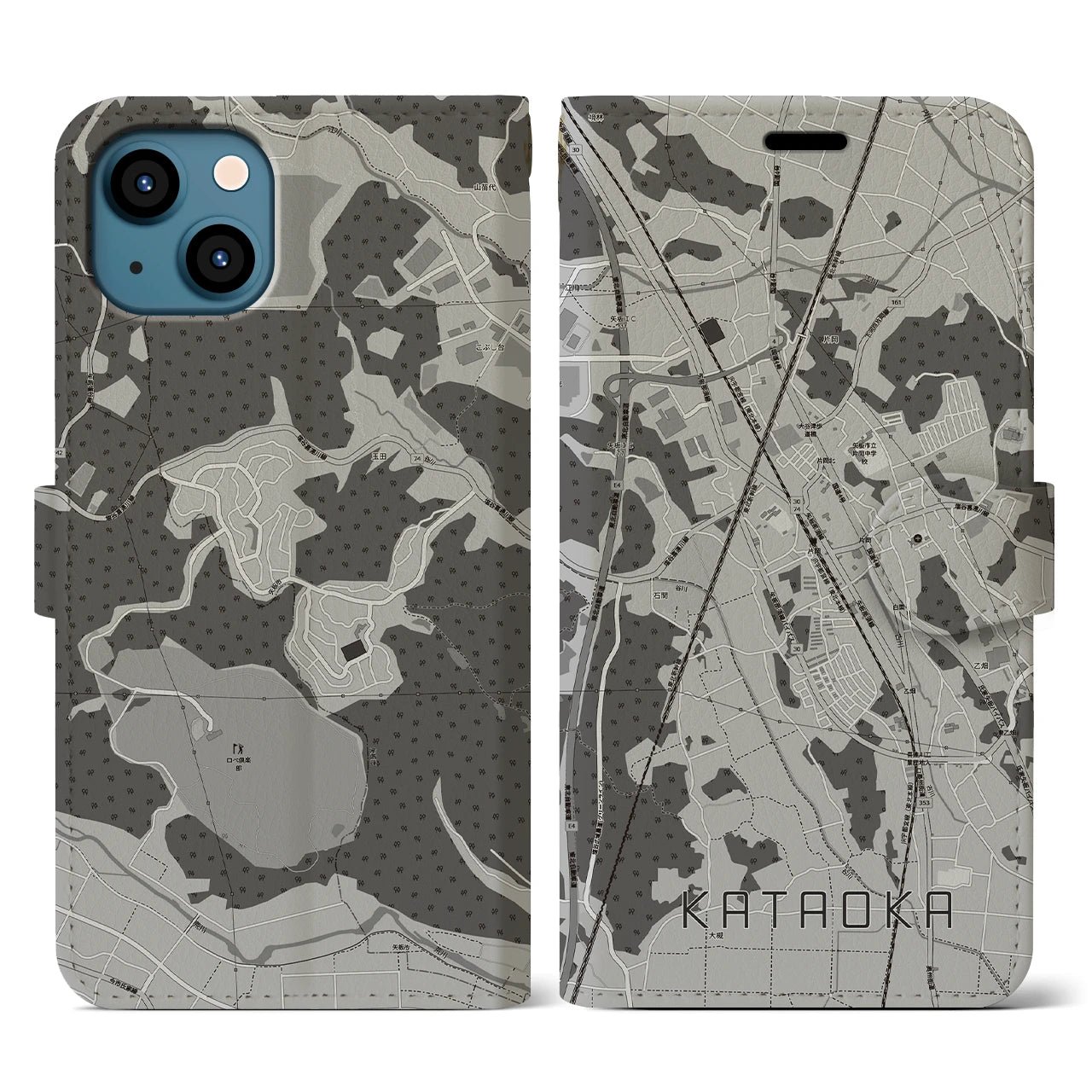 【片岡(栃木県)】地図柄iPhoneケース(手帳タイプ)モノトーン・iPhone 13 用