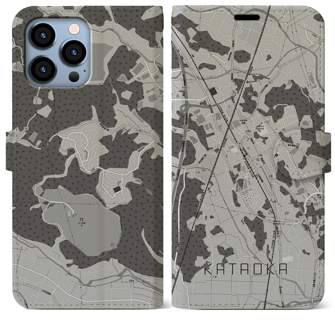 【片岡(栃木県)】地図柄iPhoneケース(手帳タイプ)モノトーン・iPhone 13 Pro Max 用