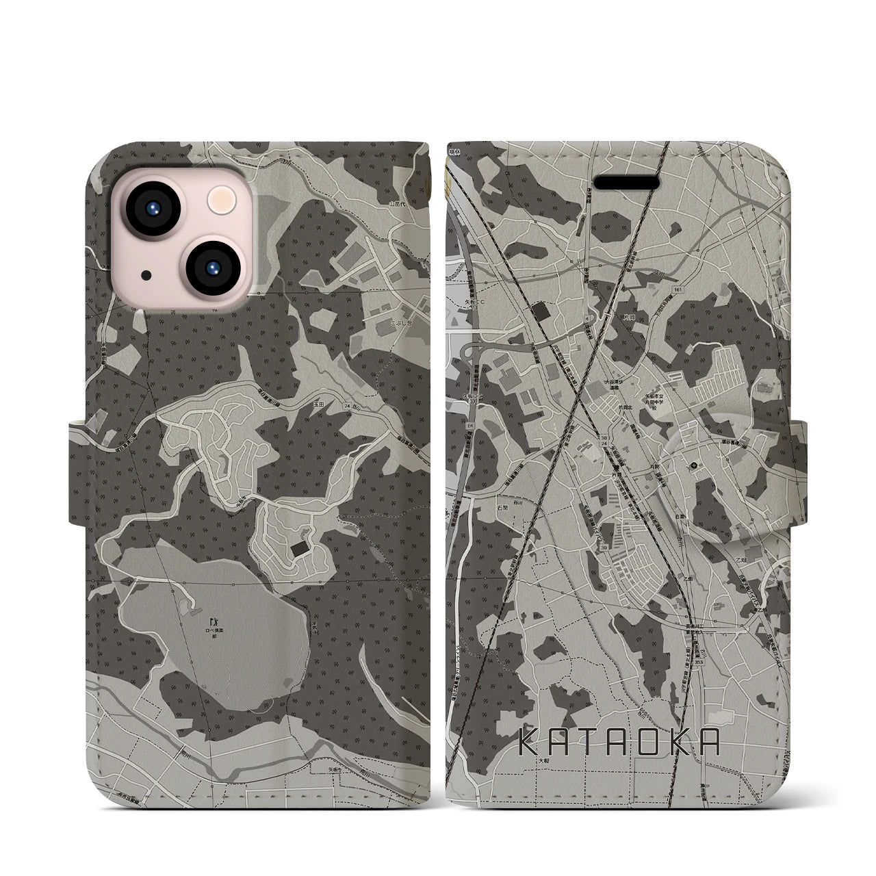 【片岡(栃木県)】地図柄iPhoneケース(手帳タイプ)モノトーン・iPhone 13 mini 用