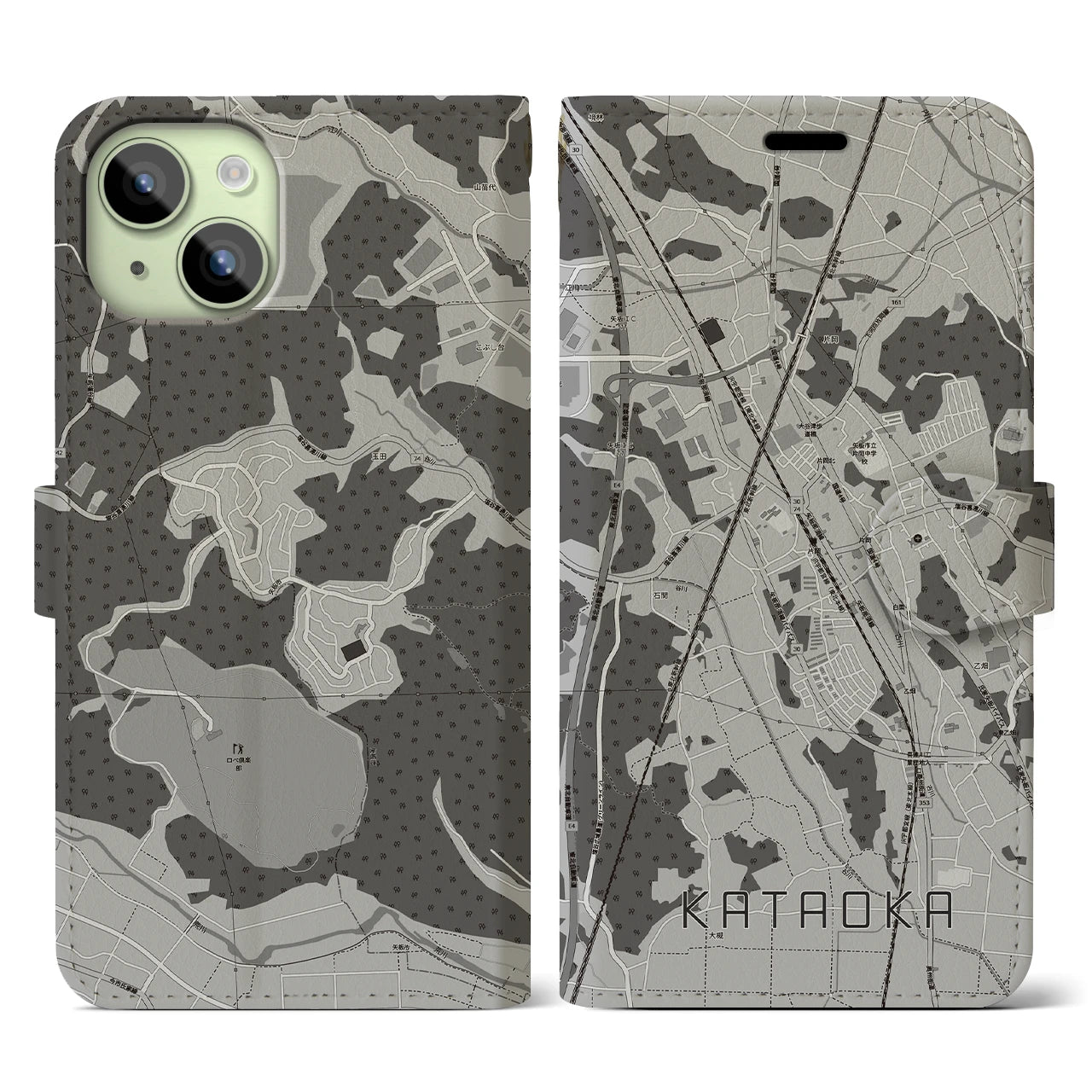 【片岡(栃木県)】地図柄iPhoneケース(手帳タイプ)モノトーン・iPhone 15 用