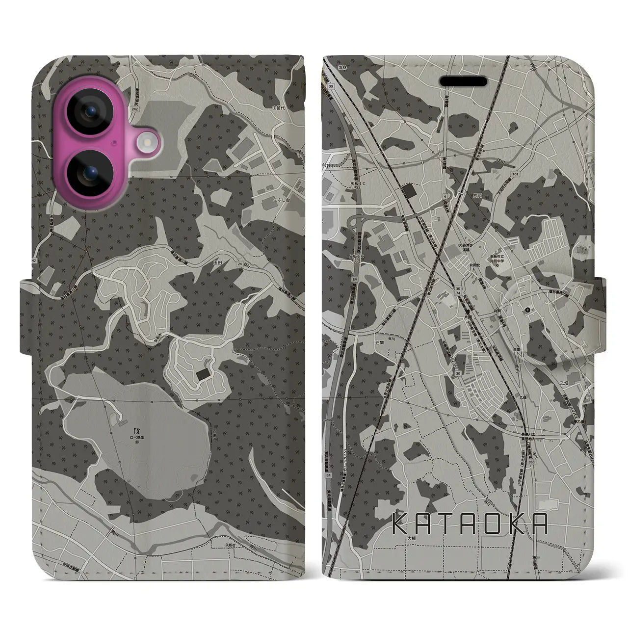 【片岡(栃木県)】地図柄iPhoneケース(手帳タイプ)モノトーン・iPhone 16 Pro 用