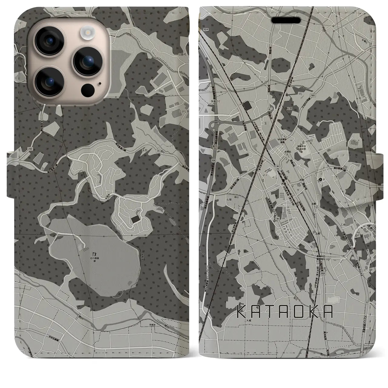【片岡(栃木県)】地図柄iPhoneケース(手帳タイプ)モノトーン・iPhone 16 Plus 用