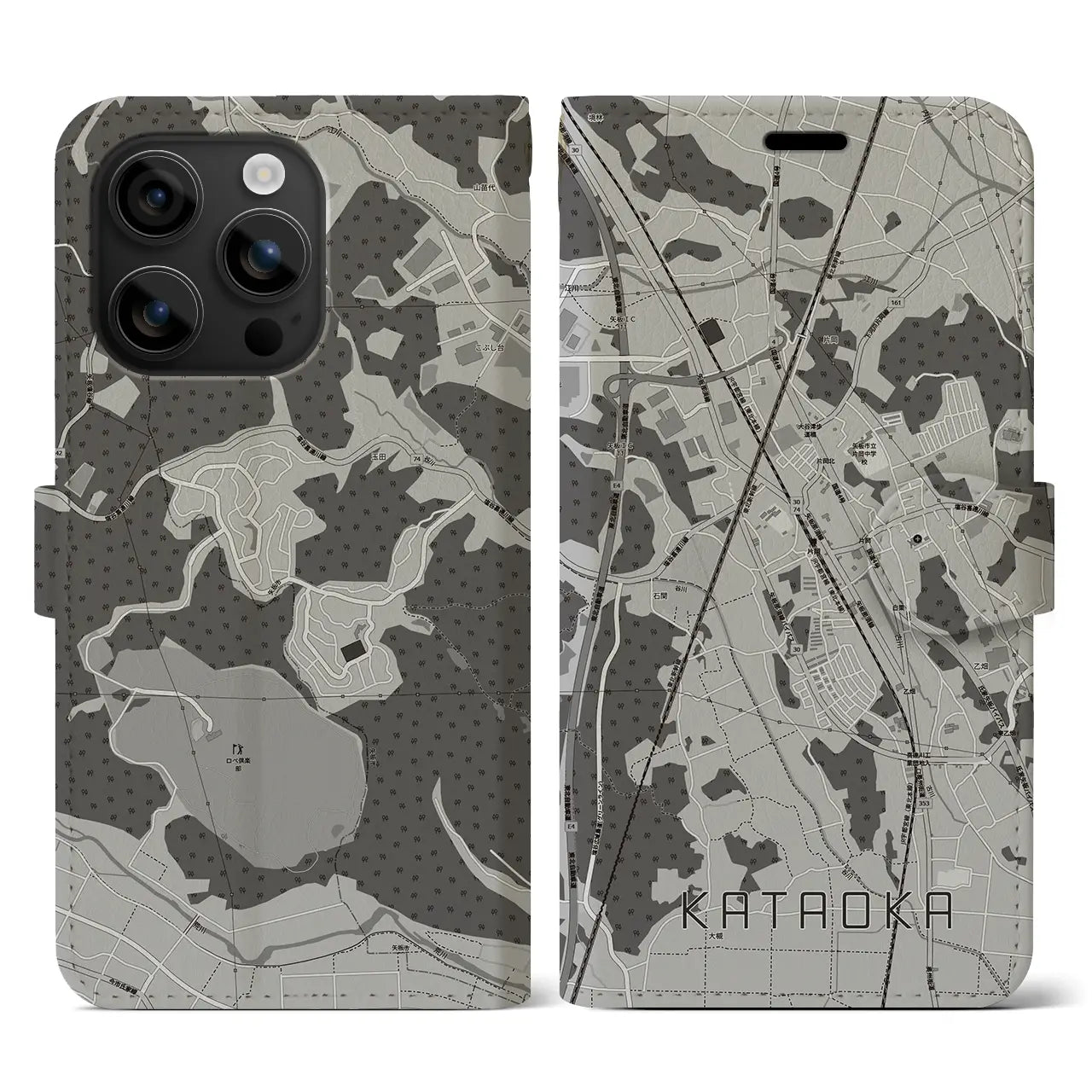 【片岡(栃木県)】地図柄iPhoneケース(手帳タイプ)モノトーン・iPhone 16 用