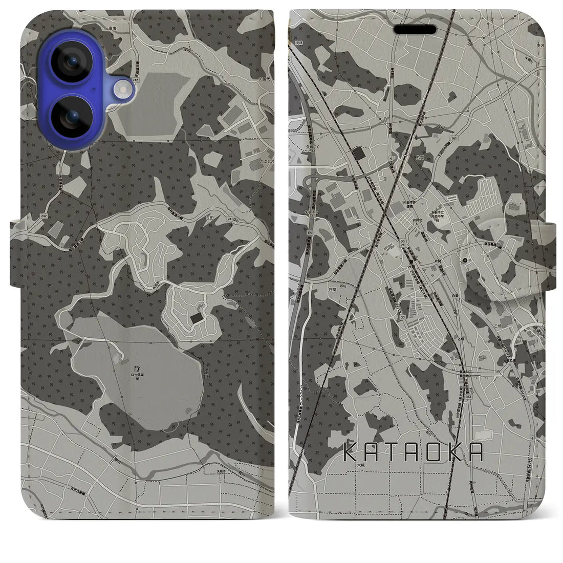 【片岡(栃木県)】地図柄iPhoneケース(手帳タイプ)モノトーン・iPhone 16 Pro Max 用