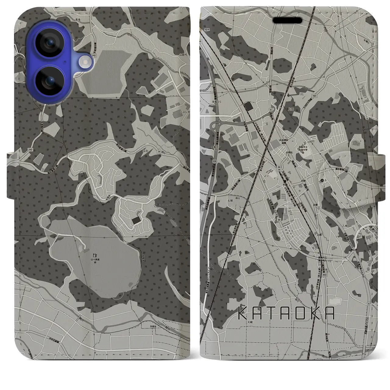 【片岡(栃木県)】地図柄iPhoneケース(手帳タイプ)モノトーン・iPhone 16 Pro Max 用