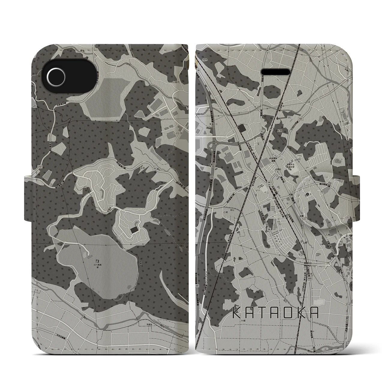 【片岡(栃木県)】地図柄iPhoneケース(手帳タイプ)モノトーン・iPhone SE(第3 / 第2世代) / 8 / 7 / 6s / 6 用