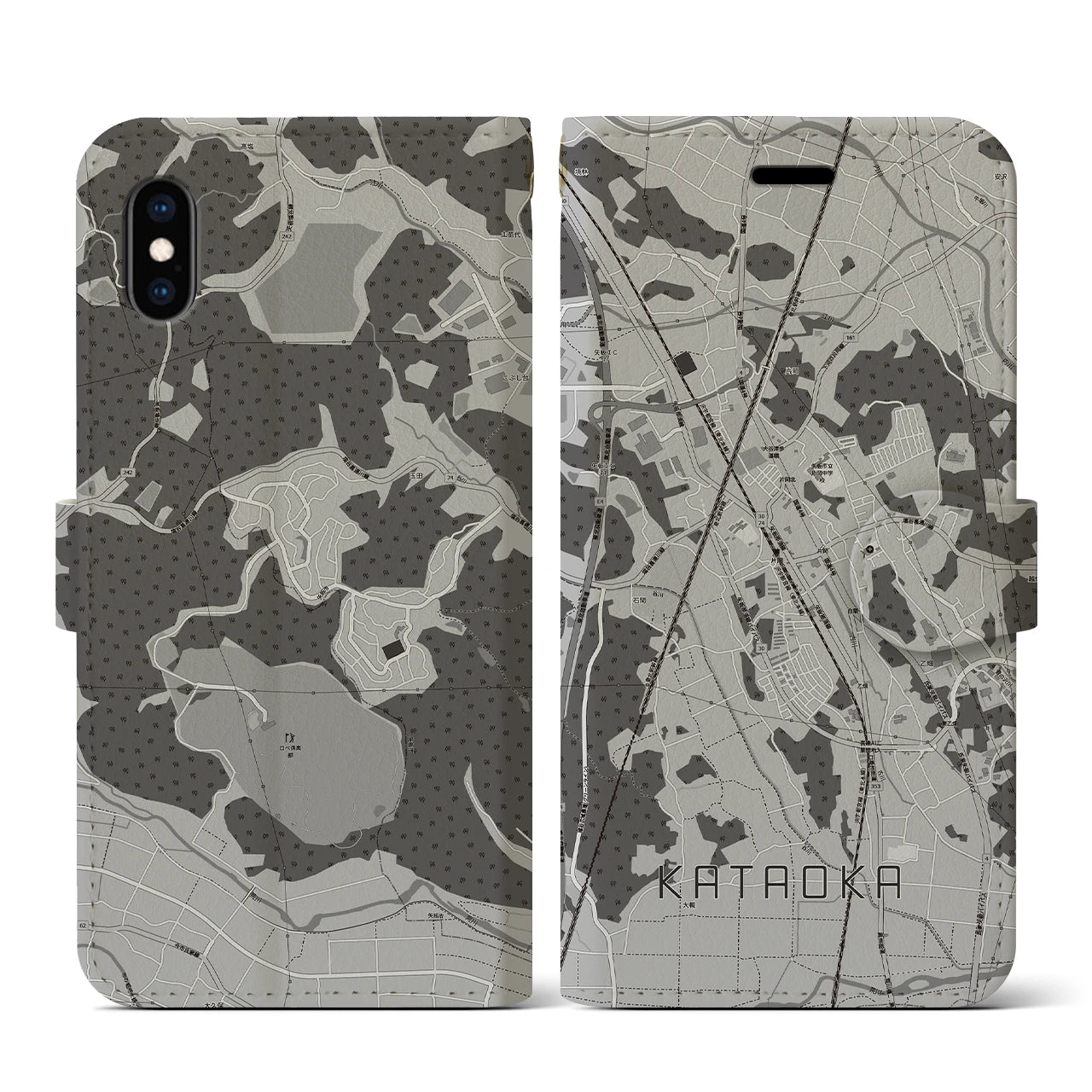 【片岡(栃木県)】地図柄iPhoneケース(手帳タイプ)モノトーン・iPhone XS / X 用