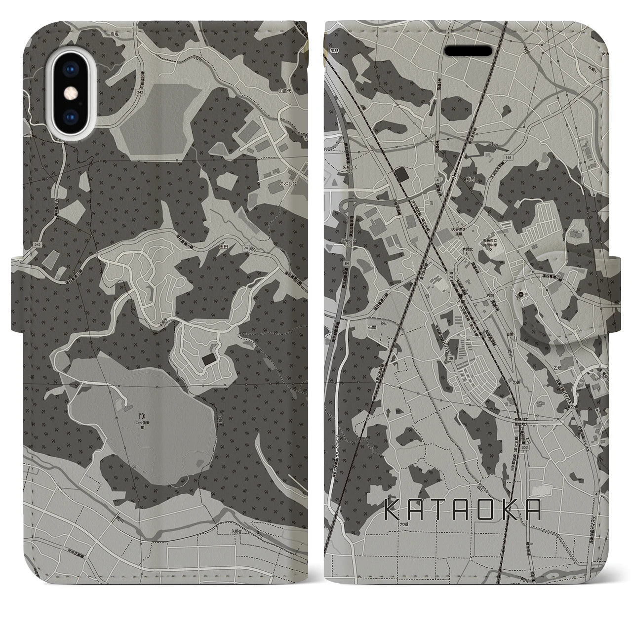 【片岡(栃木県)】地図柄iPhoneケース(手帳タイプ)モノトーン・iPhone XS Max 用