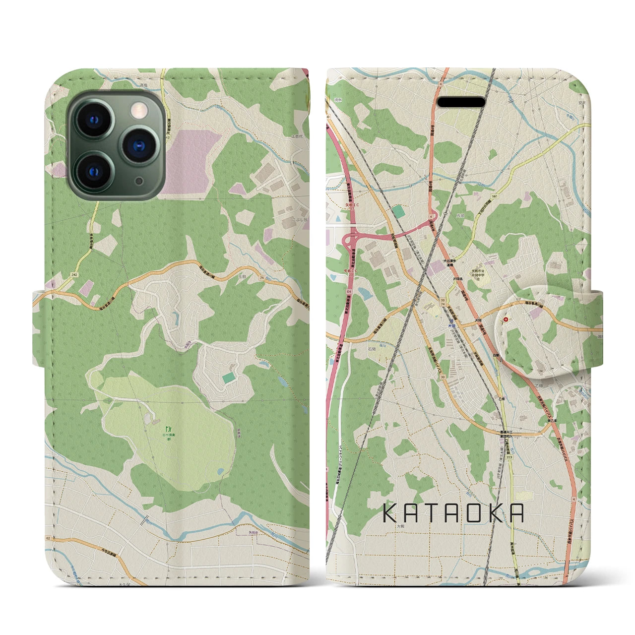【片岡(栃木県)】地図柄iPhoneケース(手帳タイプ)ナチュラル・iPhone 11 Pro 用