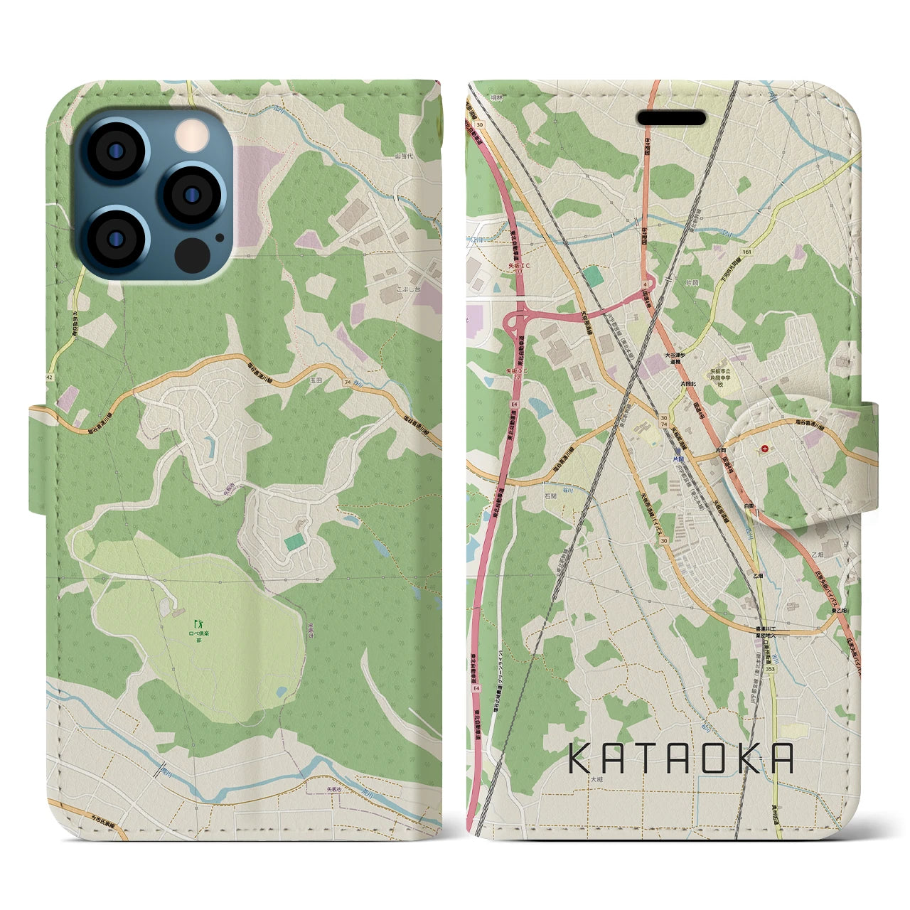 【片岡(栃木県)】地図柄iPhoneケース(手帳タイプ)ナチュラル・iPhone 12 / 12 Pro 用