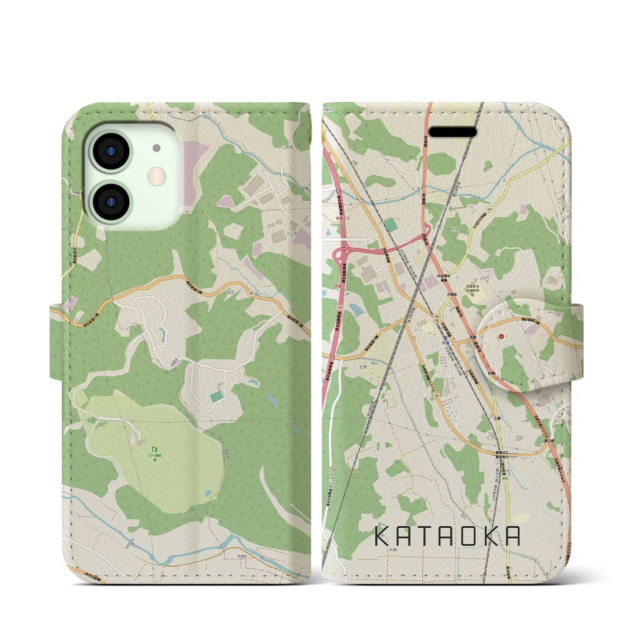 【片岡(栃木県)】地図柄iPhoneケース(手帳タイプ)ナチュラル・iPhone 12 mini 用