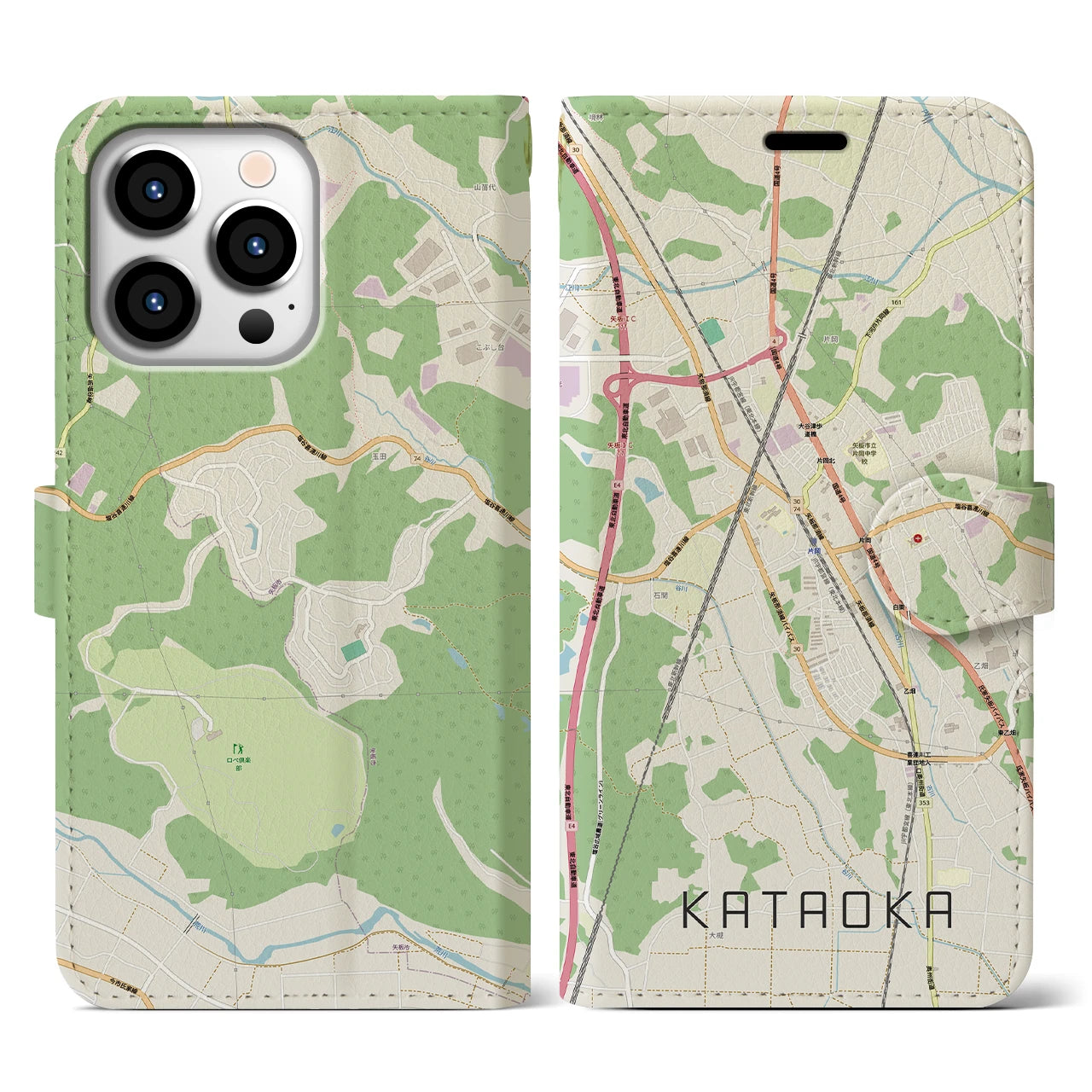 【片岡(栃木県)】地図柄iPhoneケース(手帳タイプ)ナチュラル・iPhone 13 Pro 用