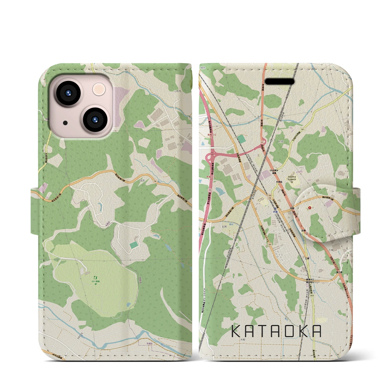 【片岡(栃木県)】地図柄iPhoneケース(手帳タイプ)ナチュラル・iPhone 13 mini 用