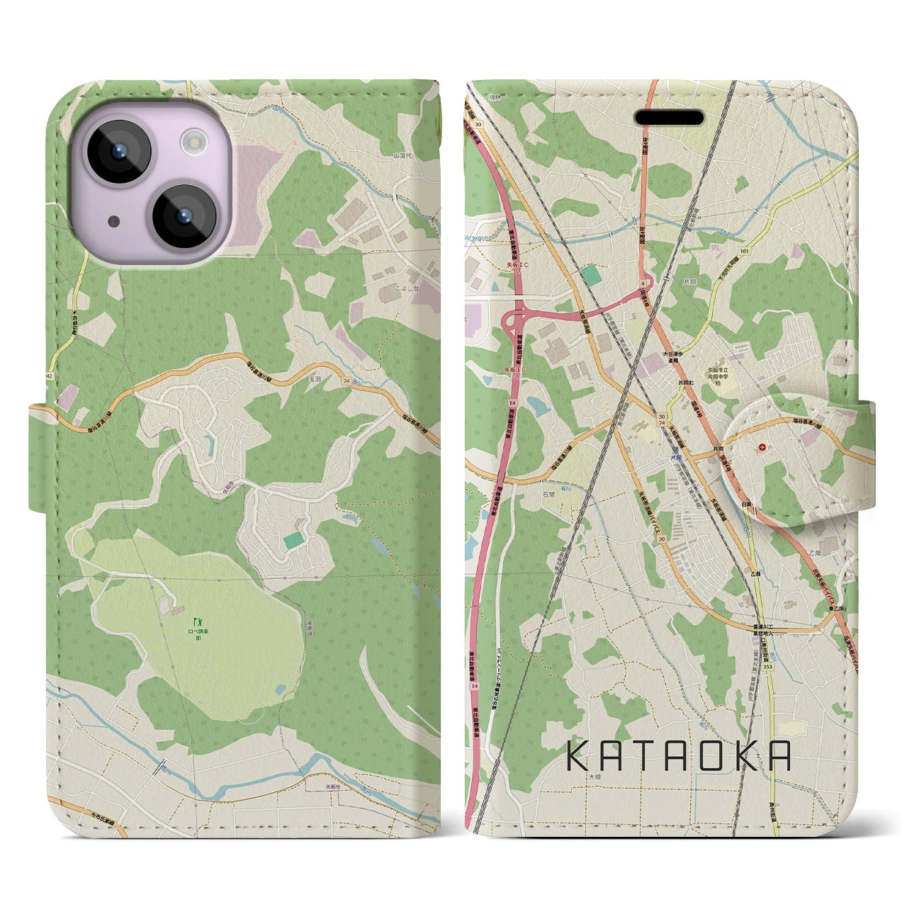 【片岡(栃木県)】地図柄iPhoneケース(手帳タイプ)ナチュラル・iPhone 14 用