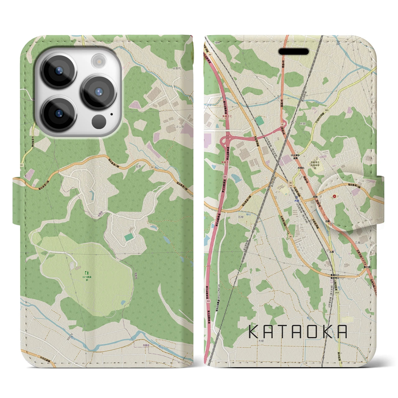 【片岡(栃木県)】地図柄iPhoneケース(手帳タイプ)ナチュラル・iPhone 14 Pro 用