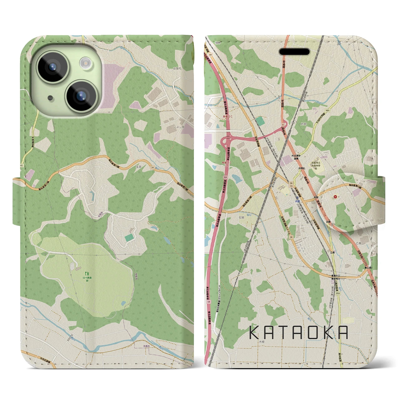 【片岡(栃木県)】地図柄iPhoneケース(手帳タイプ)ナチュラル・iPhone 15 用