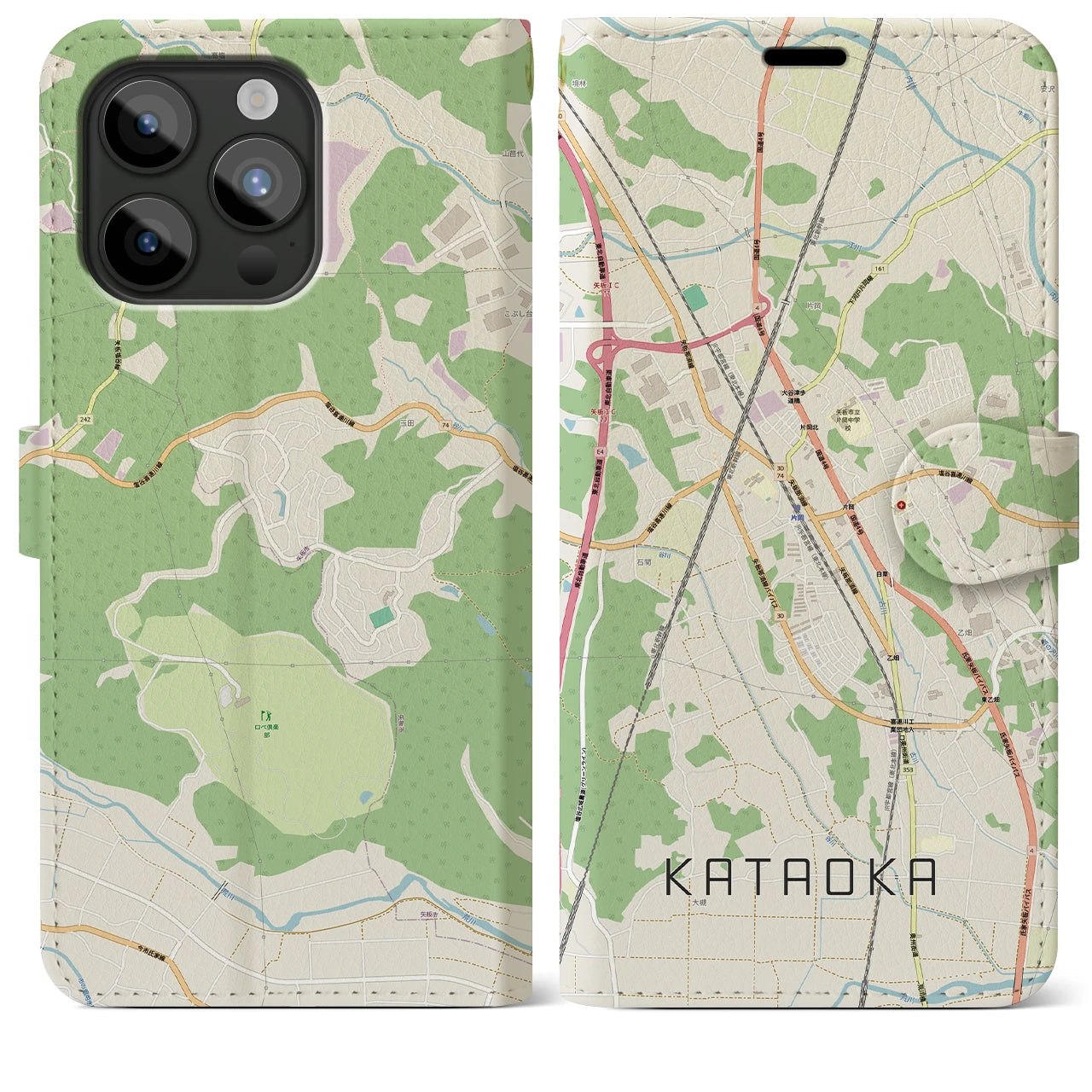【片岡(栃木県)】地図柄iPhoneケース(手帳タイプ)ナチュラル・iPhone 15 Pro Max 用