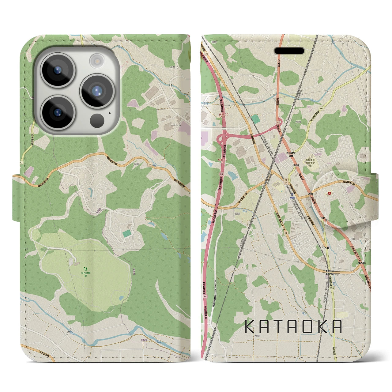【片岡(栃木県)】地図柄iPhoneケース(手帳タイプ)ナチュラル・iPhone 15 Pro 用