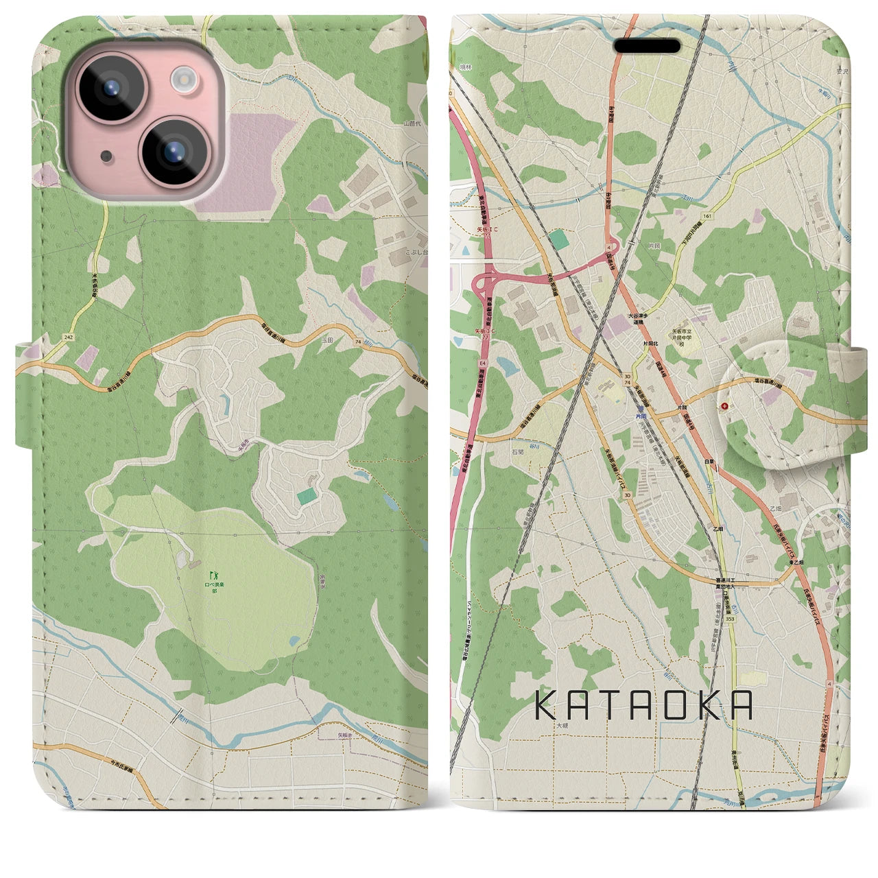 【片岡(栃木県)】地図柄iPhoneケース(手帳タイプ)ナチュラル・iPhone 15 Plus 用