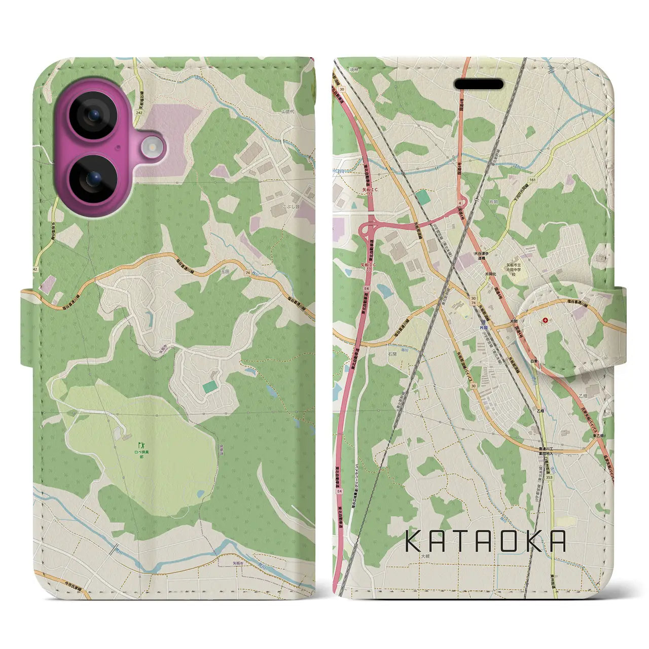 【片岡(栃木県)】地図柄iPhoneケース(手帳タイプ)ナチュラル・iPhone 16 Pro 用