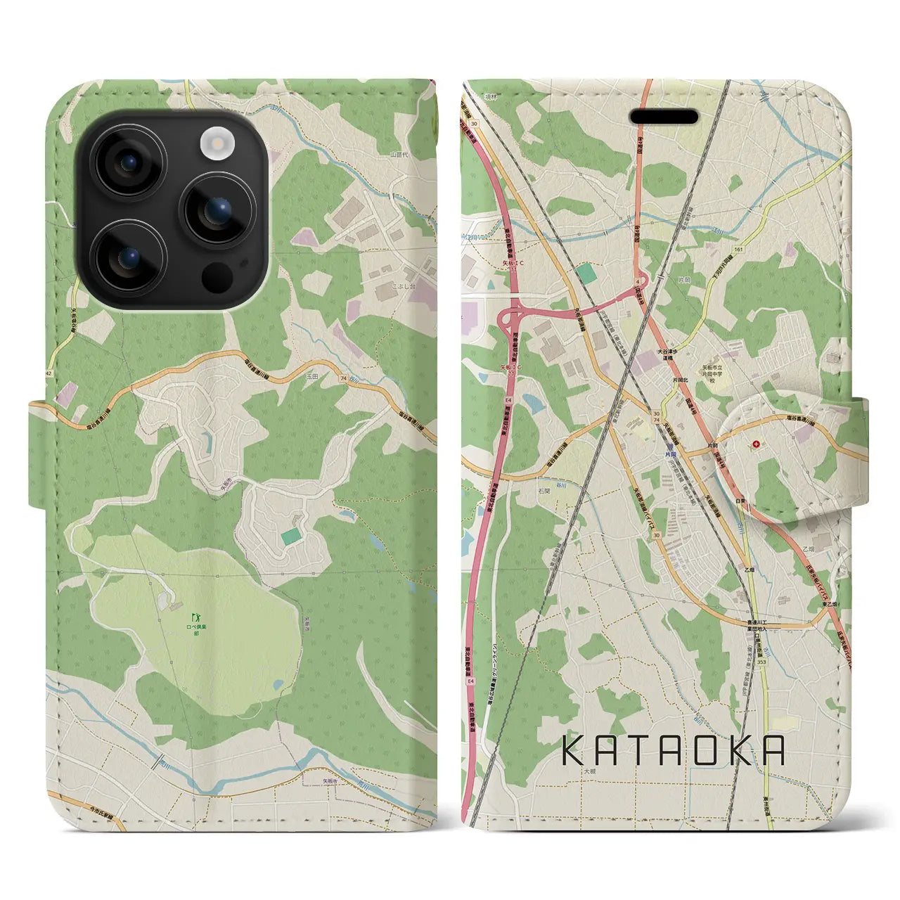 【片岡(栃木県)】地図柄iPhoneケース(手帳タイプ)ナチュラル・iPhone 16 用