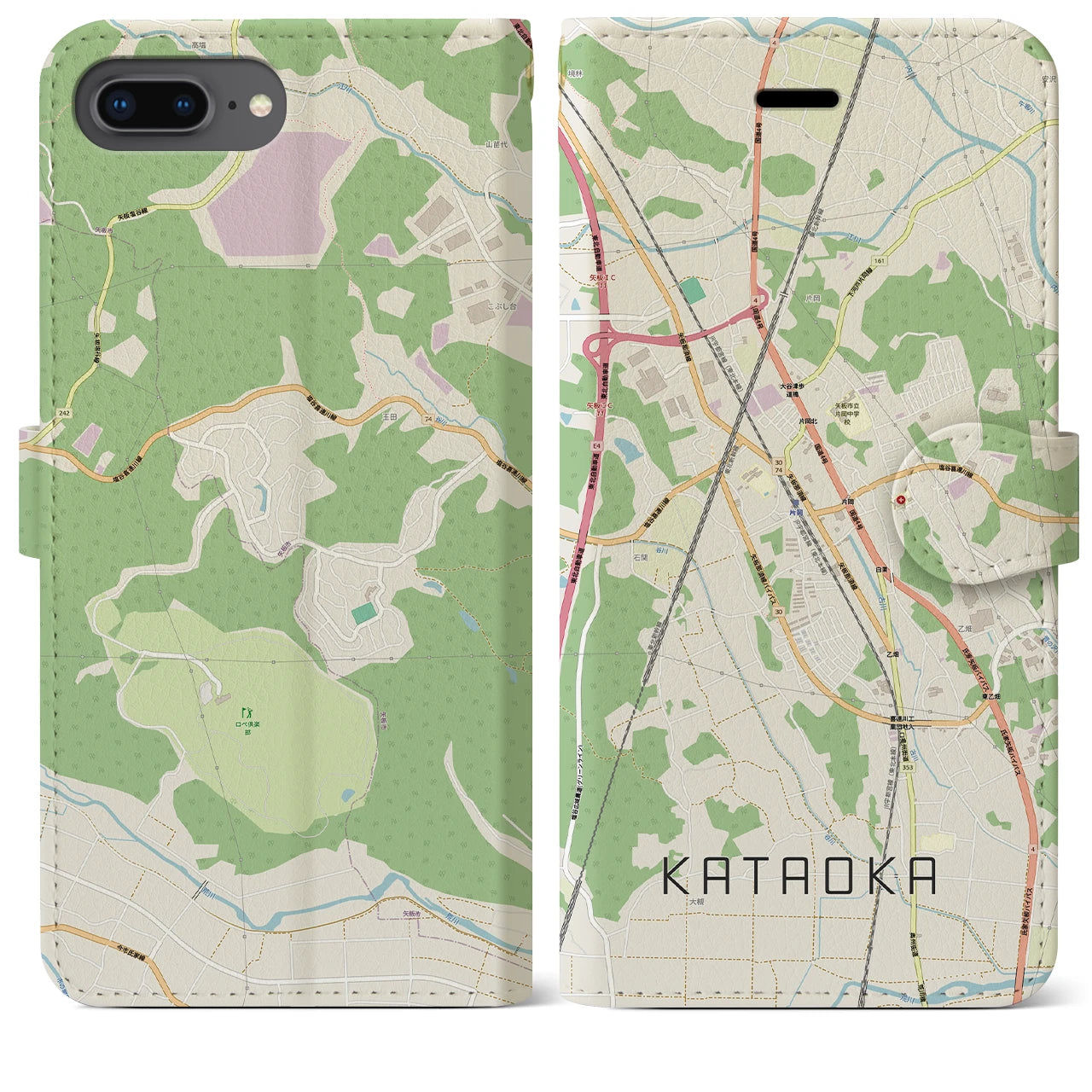 【片岡(栃木県)】地図柄iPhoneケース(手帳タイプ)ナチュラル・iPhone 8Plus /7Plus / 6sPlus / 6Plus 用