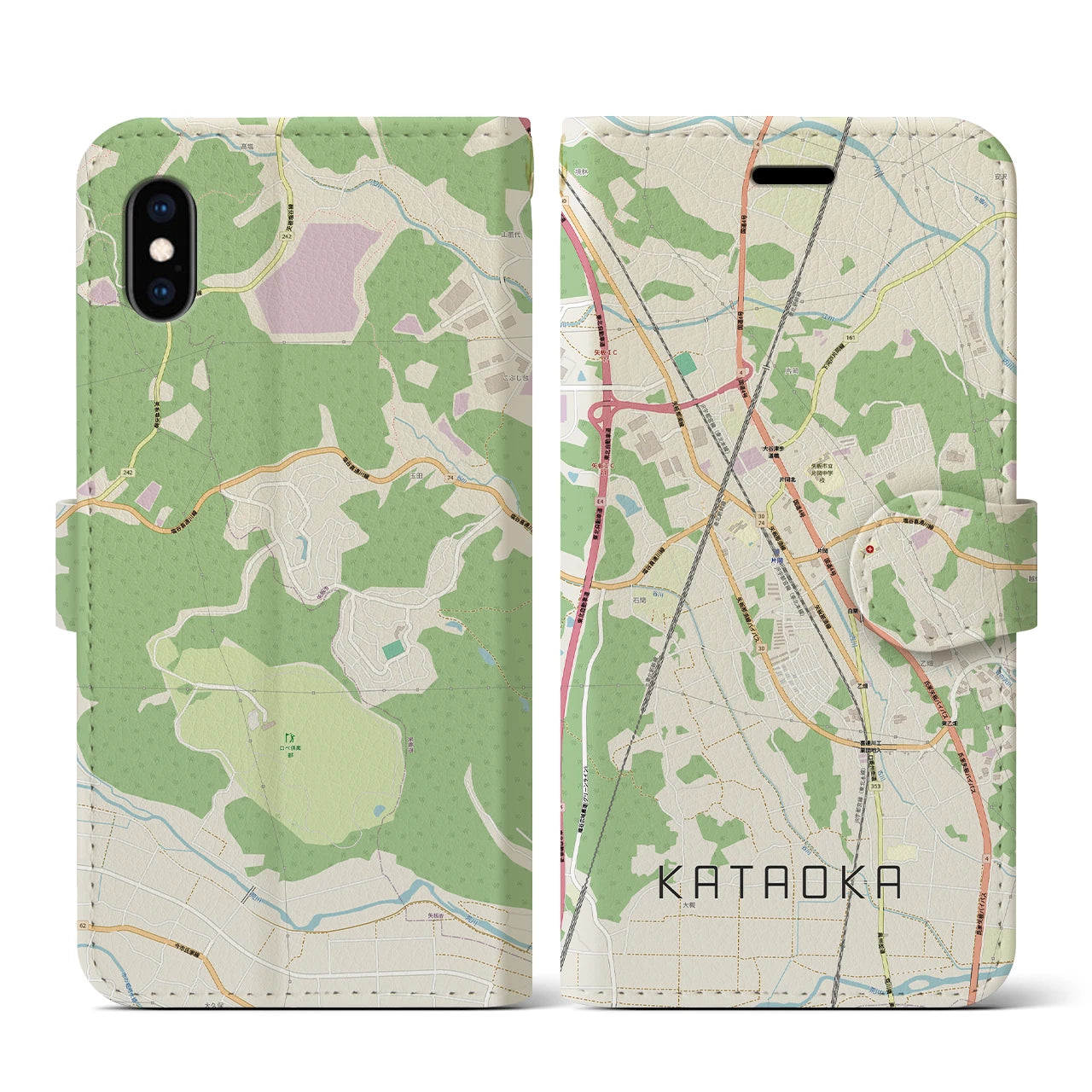 【片岡(栃木県)】地図柄iPhoneケース(手帳タイプ)ナチュラル・iPhone XS / X 用