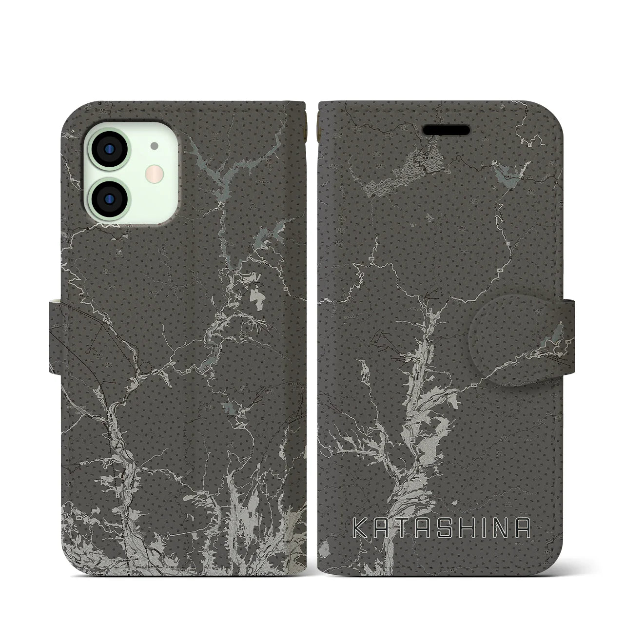 【片品(群馬県)】地図柄iPhoneケース(手帳タイプ)モノトーン・iPhone 12 mini 用
