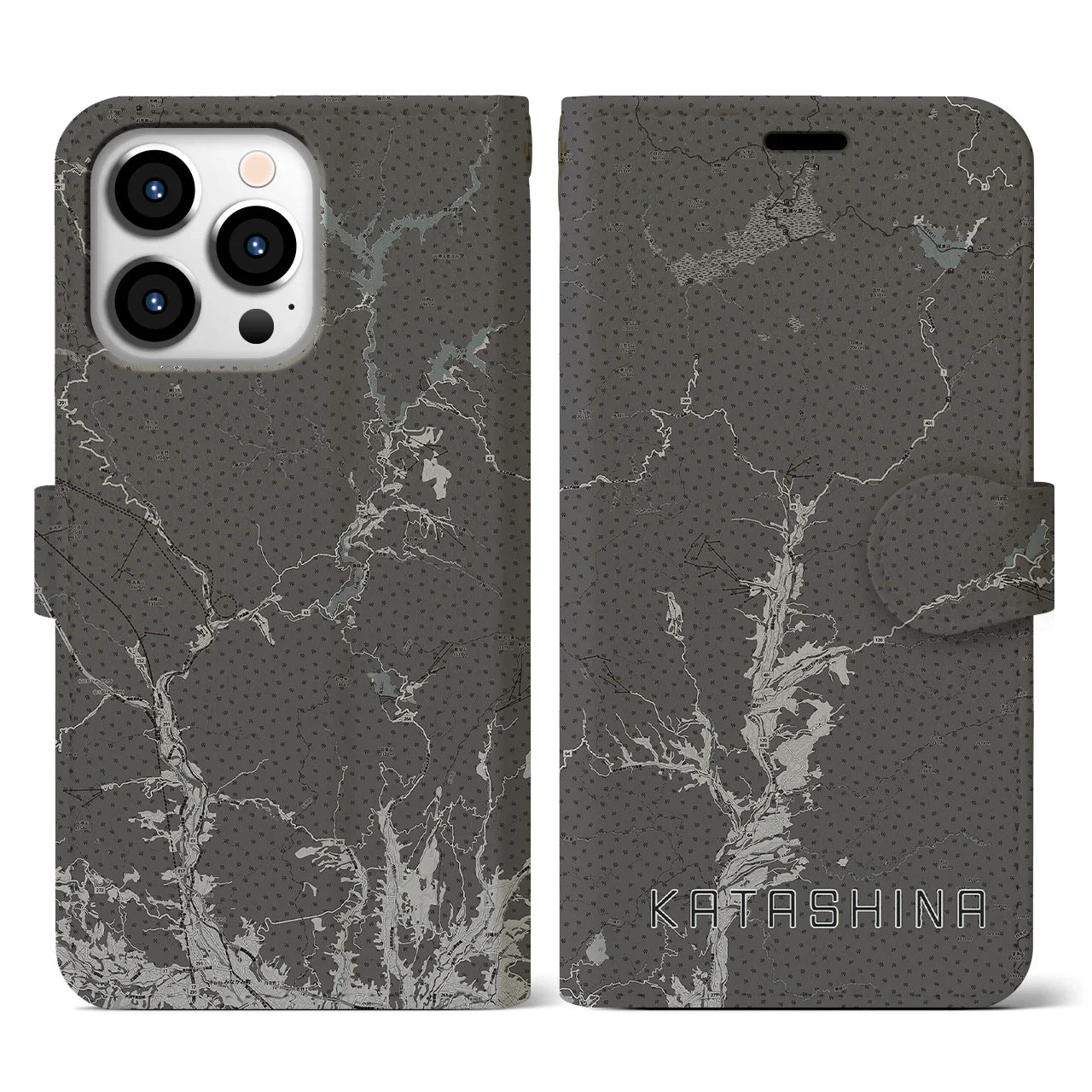 【片品(群馬県)】地図柄iPhoneケース(手帳タイプ)モノトーン・iPhone 13 Pro 用