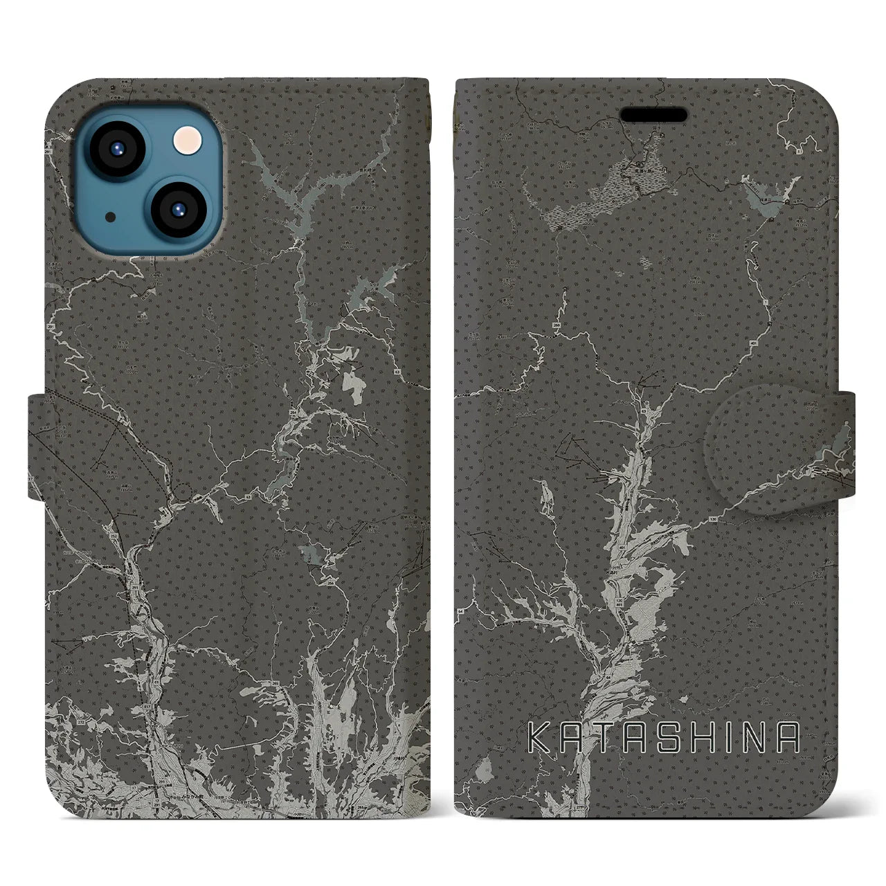 【片品(群馬県)】地図柄iPhoneケース(手帳タイプ)モノトーン・iPhone 13 用