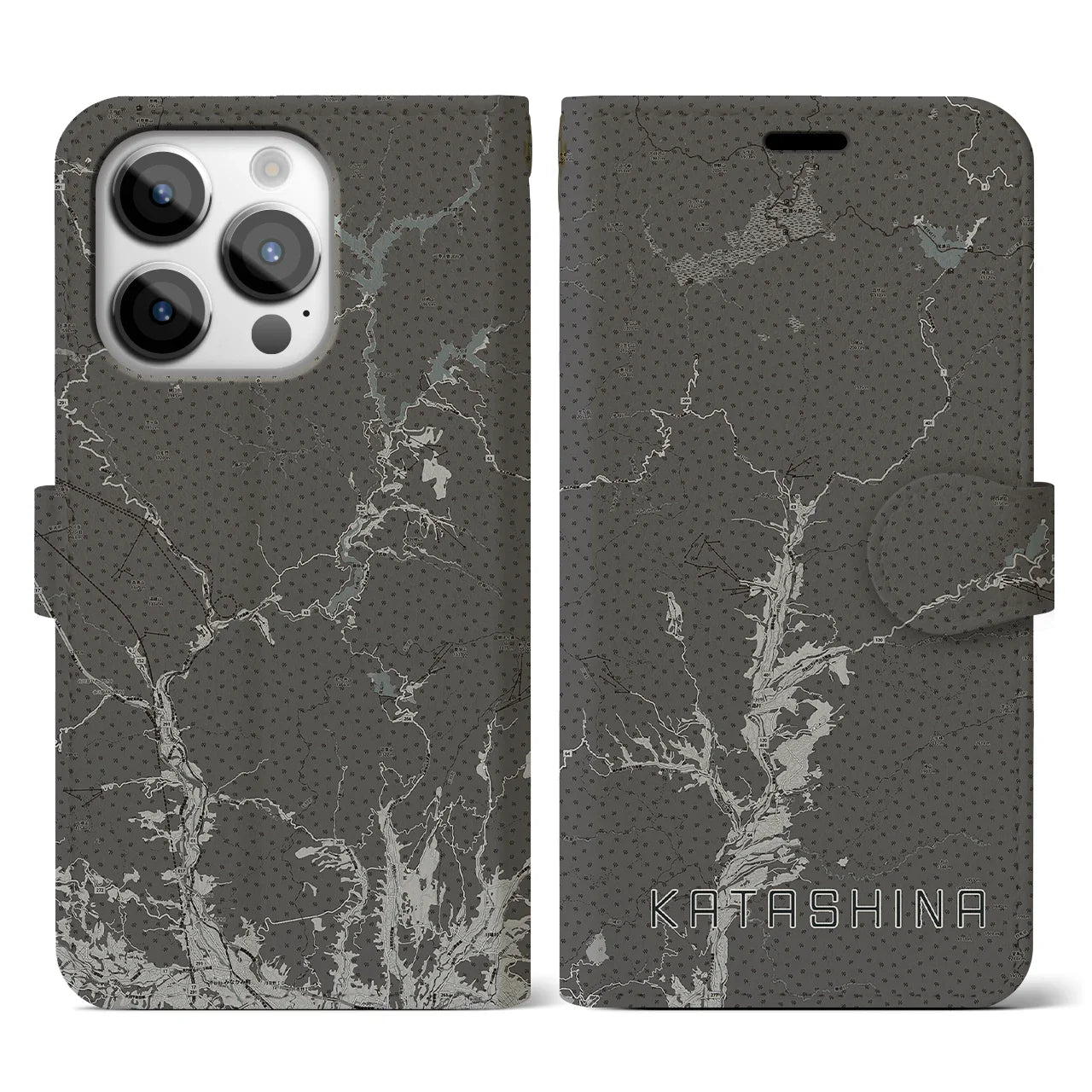 【片品(群馬県)】地図柄iPhoneケース(手帳タイプ)モノトーン・iPhone 14 Pro 用
