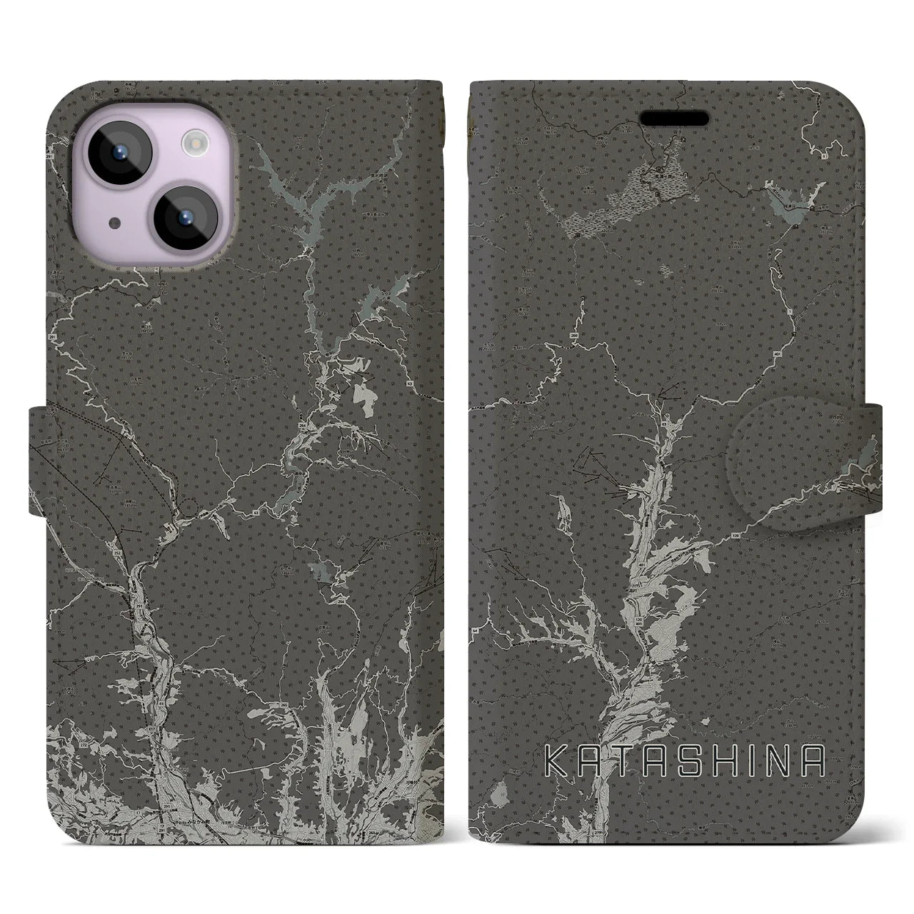 【片品(群馬県)】地図柄iPhoneケース(手帳タイプ)モノトーン・iPhone 14 用