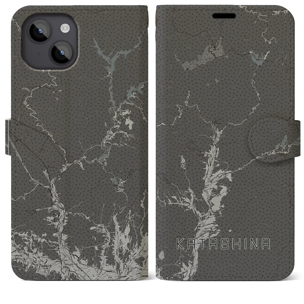 【片品(群馬県)】地図柄iPhoneケース(手帳タイプ)モノトーン・iPhone 14 Plus 用