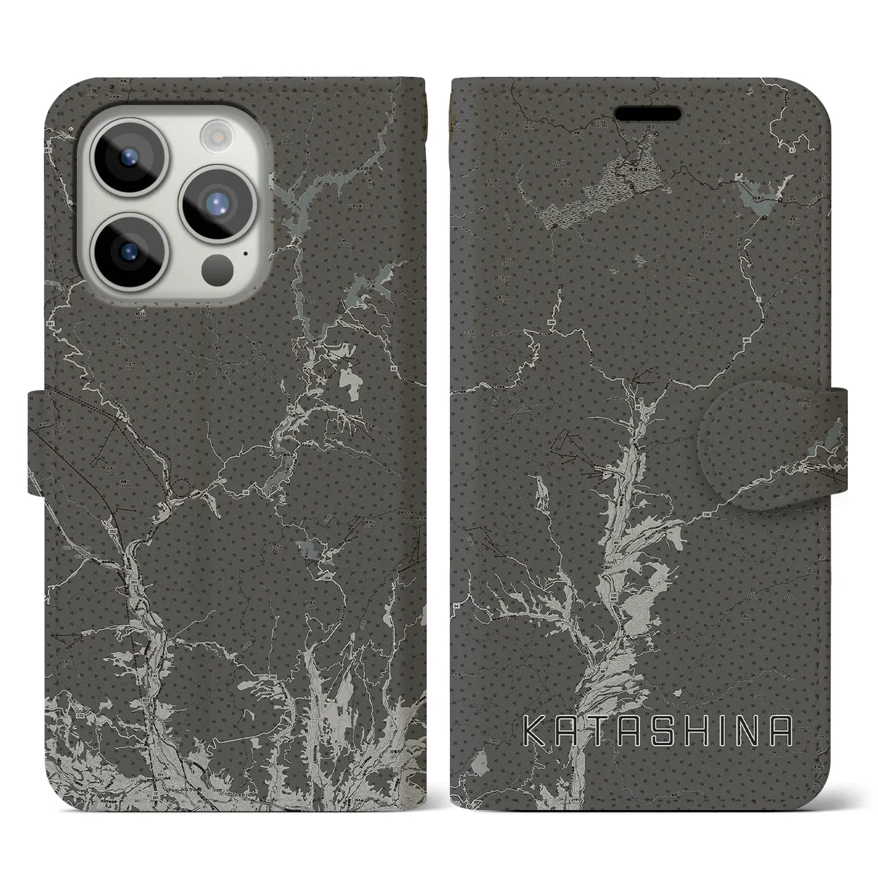 【片品(群馬県)】地図柄iPhoneケース(手帳タイプ)モノトーン・iPhone 15 Pro 用