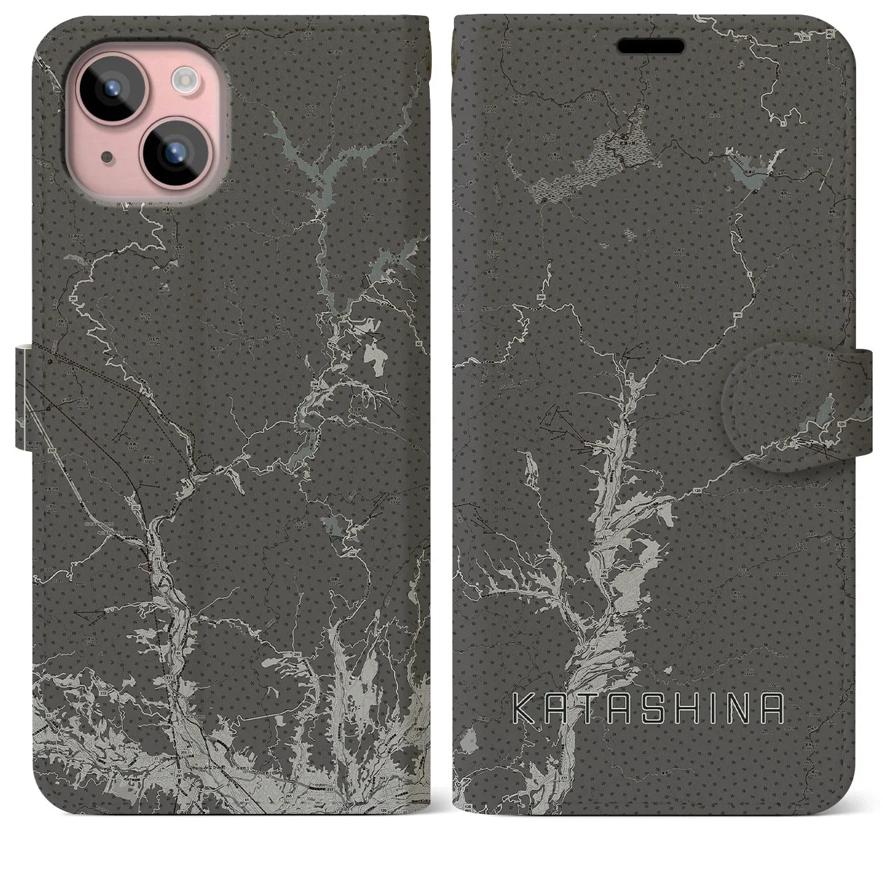 【片品(群馬県)】地図柄iPhoneケース(手帳タイプ)モノトーン・iPhone 15 Plus 用