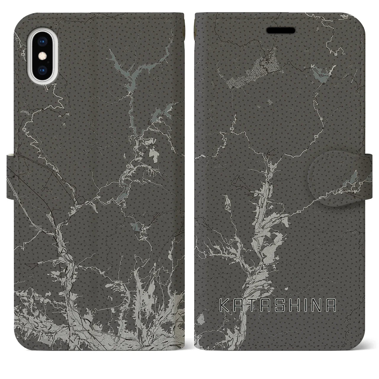 【片品(群馬県)】地図柄iPhoneケース(手帳タイプ)モノトーン・iPhone XS Max 用