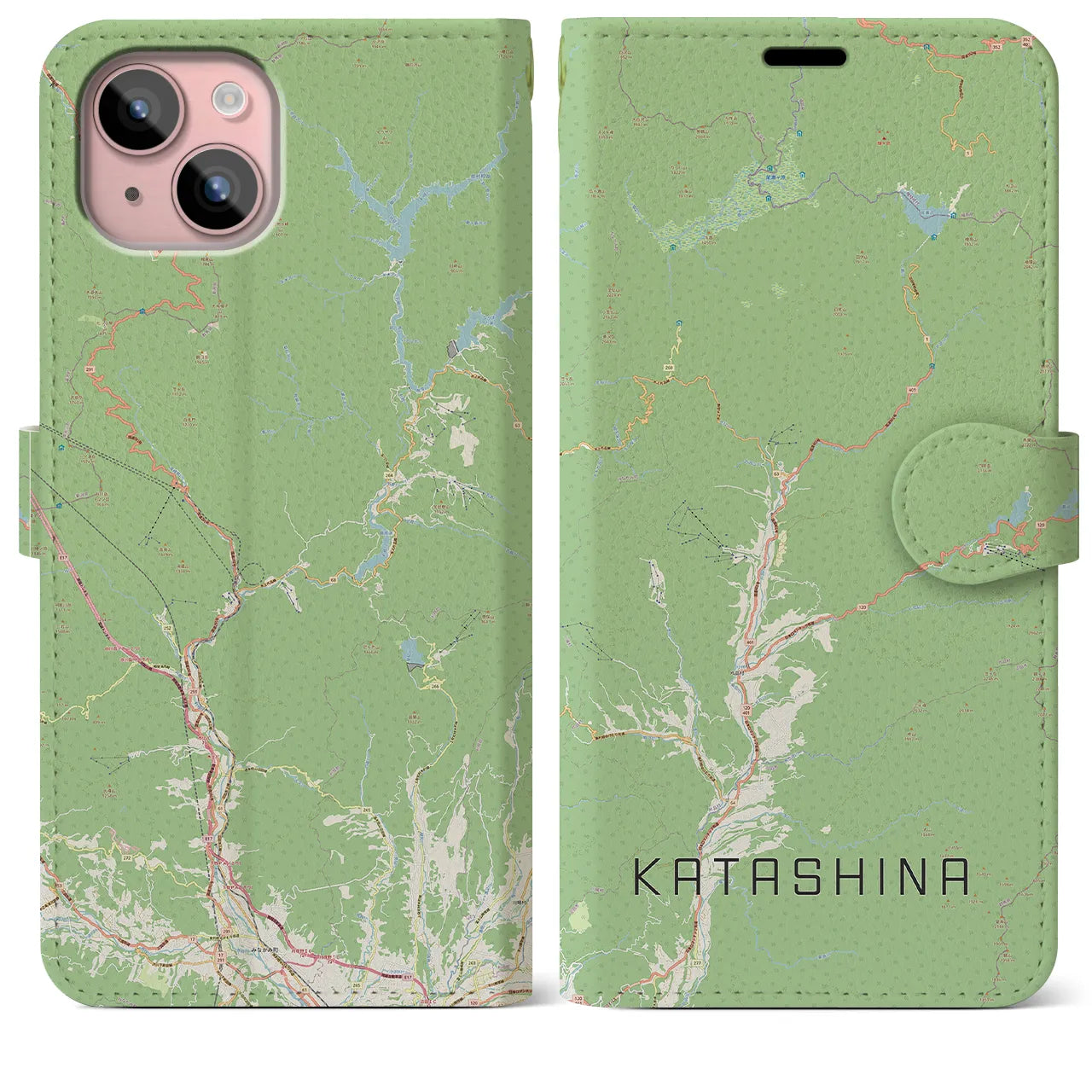 【片品(群馬県)】地図柄iPhoneケース(手帳タイプ)ナチュラル・iPhone 15 Plus 用
